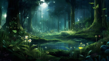 fantasy forest lake magical landscape with flowers and water in blue and green, concept art painting made with generative ai 