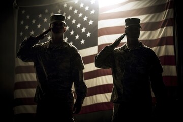 American Soldiers Saluting US Flag - Generative AI - obrazy, fototapety, plakaty