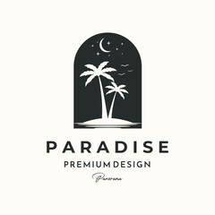 Obraz premium moonlight beach palm tree vintage logo vector minimalist illustration design, dark night of paradise logo design