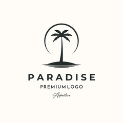 palm tree island vintage logo vector minimalist illustration design, paradise adventure logo design