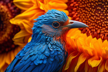 a beautiful sunflower with a pretty blue bird resting on it. Generative AI.
