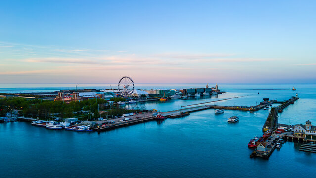 Chicago IL USA May 4th 2023:aerial drone view of Navy Pier Ferris wheel during sunset . the great tourist attractions is great for visitors to have fun. related to travel and destinations 