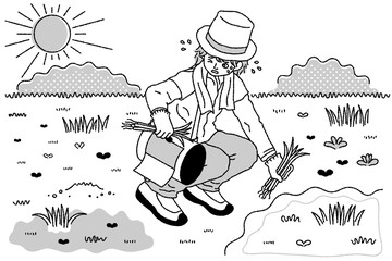 強い日差しの中で草むしりをする男性のモノクロイラスト