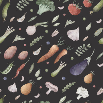 Watercolor seamless pattern of vegetables. vegetables, food, organic food, ecl food, carrot, cucumber, mushroom, potato, tomato