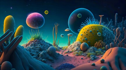 Obraz na płótnie Canvas Planet of Bacteria. Surreal landscape of bacteria in macro shoot illuminated by a distant star, alien world Generative AI