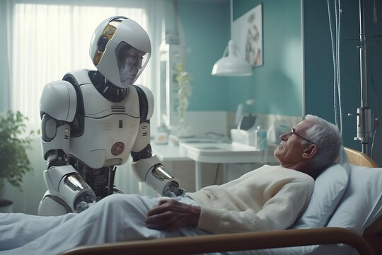 A fictional robot nurse helping a fictional old man in the hospital, created using Generative AI.