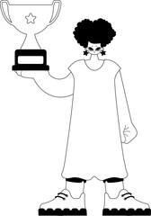 The energized lady holds the holder of the champ in his hands. Dim and white line craftsmanship. Trendy style, Vector Illustration