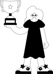 The energized woman holds the holder of the champ in his hands. Dim and white line craftsmanship. Trendy style, Vector Illustration
