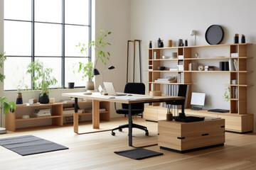 Minimalist Japanese Home Office, The space is clean and uncluttered with neutral colors and natural materials
