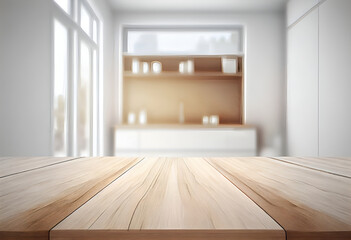 Fototapeta na wymiar Creative interior concept. Empty light wooden table top with blur kitchen interior home background in sunny day. Template for product presentation display. Mock up 