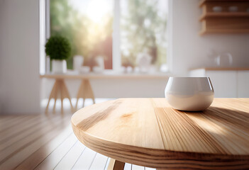 Obraz na płótnie Canvas Creative interior concept. Empty light wooden table top with blur kitchen interior home background in sunny day. Template for product presentation display. Mock up 3D rendering 