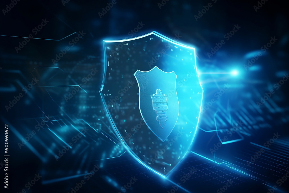Poster cyber security concept as protective shield on blue background generative ai