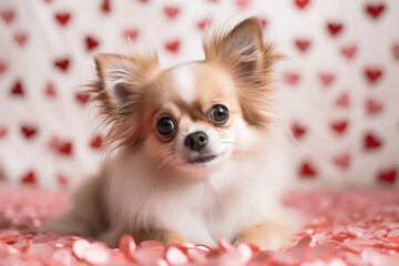 Cute little dog with lots of hearts around generative ai