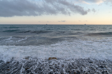 Sunset on the sea, a variety of colors and shades of the rising sun. Seascape.