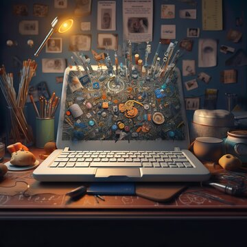 Dark Laptop with Lists and Icons on Wooden Desk Illustration