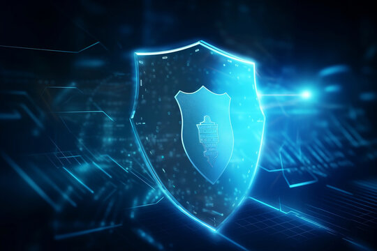 Cyber security concept as protective shield on blue background generative ai