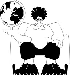 The individual with the globe. Learning subject. Dim and white line craftsmanship. Trendy style, Vector Illustration