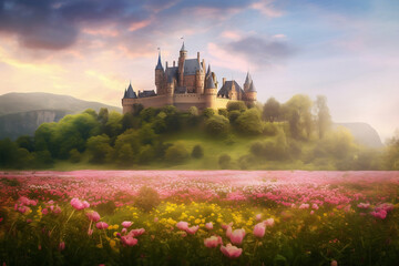 A magical romantic and blooming land with magnificent castle generative ai