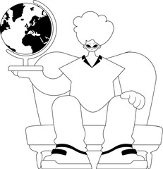 The individual with the globe. Learning subject. Dim and white line craftsmanship. Trendy style, Vector Illustration