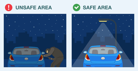 Car theft safety tips. Safe and unsafe parking area at night. Back view of a car parked in a well-lit place. Flat vector illustration template.