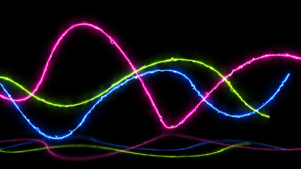 3d render neon light laser show. impulse, chart, ultraviolet spectrum, pulse power lines, quantum energy, pink blue violet glowing dynamic line, abstract background.