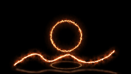 3D render. Illustration with abstract scene with neon frame with fire effect. 3d render neon glowing line and circle. abstract neon background.