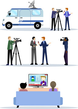 set collection of journalists and TV reporter vector illustration, Newscaster and journalist profession, mass media record, television industry, cameraman, reporter, source people