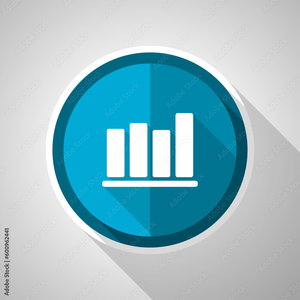 Poster bar chart symbol, flat design vector blue icon with long shadow.