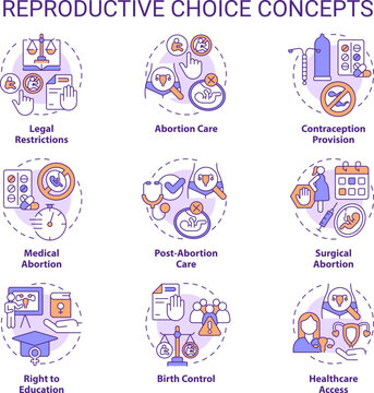 Reproductive choice concept icons set. Female empowerment. Sexual health. Social justice. Birth control. My body. Women right idea thin line color illustrations. Isolated symbols. Editable stroke