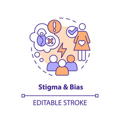 Stigma and bias concept icon. Abortion access. Reproductive justice. Safe care. Clinic services. Women health abstract idea thin line illustration. Isolated outline drawing. Editable stroke