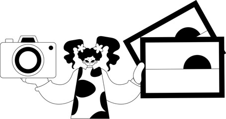 The energized woman is holding photos and a camera. Tourism subject. Dim and white line craftsmanship. Trendy style, Vector Illustration