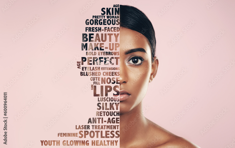 Canvas Prints Portrait, beauty words and woman isolated on pastel pink background for skincare, self love or cosmetics promotion. Face of indian person or model in natural makeup, skin care or motivation in studio