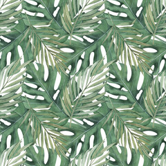 Cotton fabric Watercolor seamless pattern with monstera and palm tropical leaves. Jungle design illustration for fabrics, covers, prints. Succulent green leaves, hand drawn botanical illustration