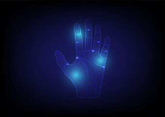 Blue wireframe hand with glowing lights