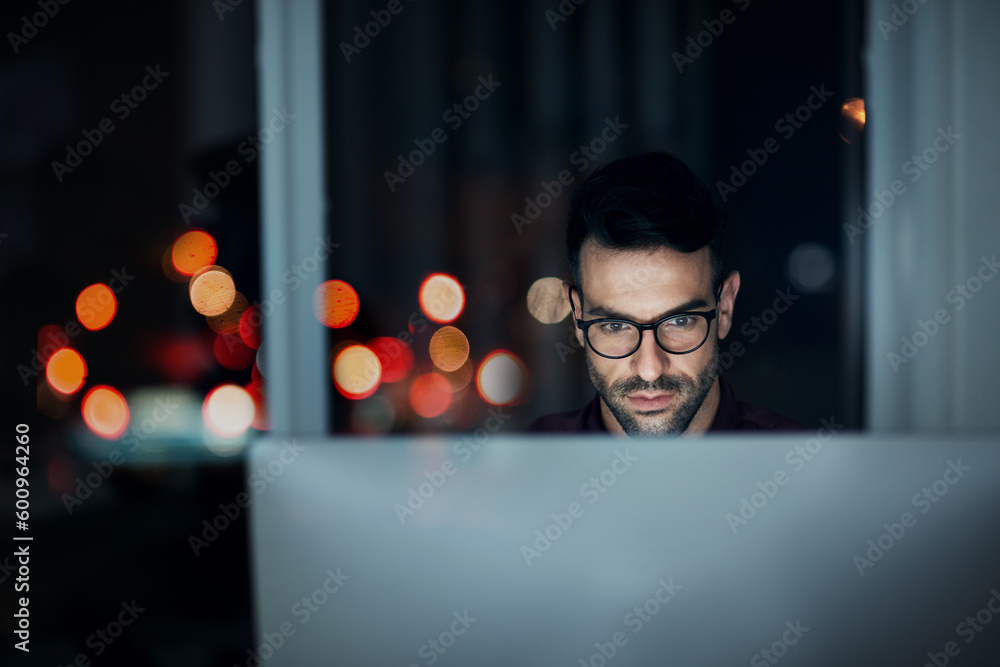 Aufkleber Night, computer and programming with business man in office for internet, coding or software development. Technology, cloud computing and cyber security with male programmer for app, developer and it
