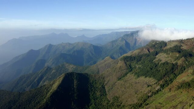 Aerial view of mountain ridges in the highlands of sunny Deccan Plateau, India