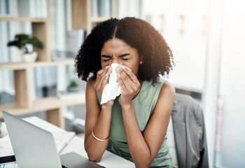 Blowing nose, tissue or sick black woman in office with virus or worker with allergies, problems or illness. Person sneezing or African girl employee with toilet paper, allergy flu or fever disease - Powered by Adobe