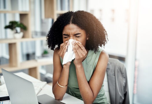 Blowing nose, tissue or sick black woman in office with virus or worker with allergies, problems or illness. Person sneezing or African girl employee with toilet paper, allergy flu or fever disease