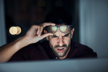 Night, confused businessman work in glasses and shock, angry or frustrated with screen, online...
