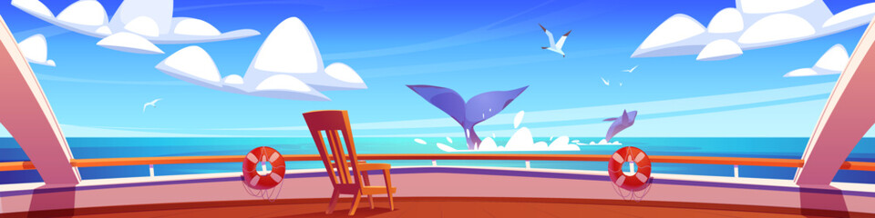 Cruise ship deck with gull birds and whale view in sea water summer background. Yacht boat railing in ocean trip vacation marine landscape. Wooden terrace with chair and inflatable wheel scene
