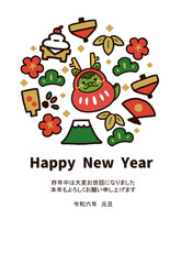 辰の達磨と正月の縁起物の年賀状