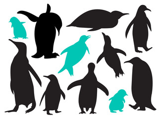 Silhouettes of Penguin are isolated on a white background. set of different acting Penguin silhouettes for design use.