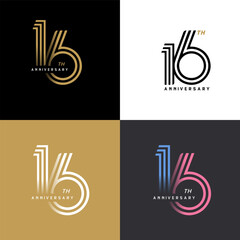 16 years anniversary vector number icon, birthday logo label, black, white and colors stripe number © Endang