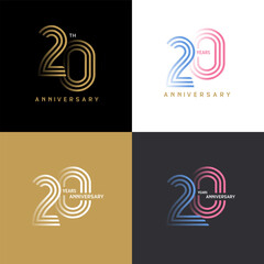 20 years anniversary vector number icon, birthday logo label, black, white and colors stripe number