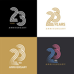 23 years anniversary vector number icon, birthday logo label, black, white and colors stripe number