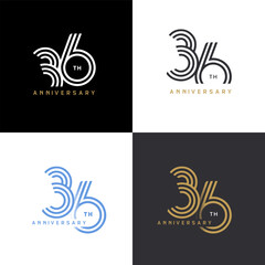 36 years anniversary vector number icon, birthday logo label, black, white and colors stripe number