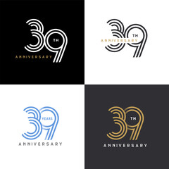 Fototapeta na wymiar 39 years anniversary vector number icon, birthday logo label, black, white and colors stripe number