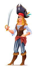 Cartoon woman pirate holding a sword. Character design illustration