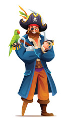 Pirate holding a sword with a parrot perched on shoulder. Cartoon character design illustration