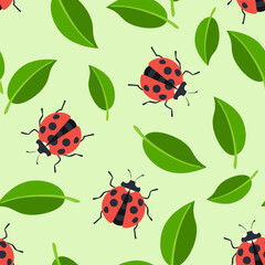 Ladybugs and green leaves. Nature seamless pattern. Vector background with cute insects. Simple flat illustration.